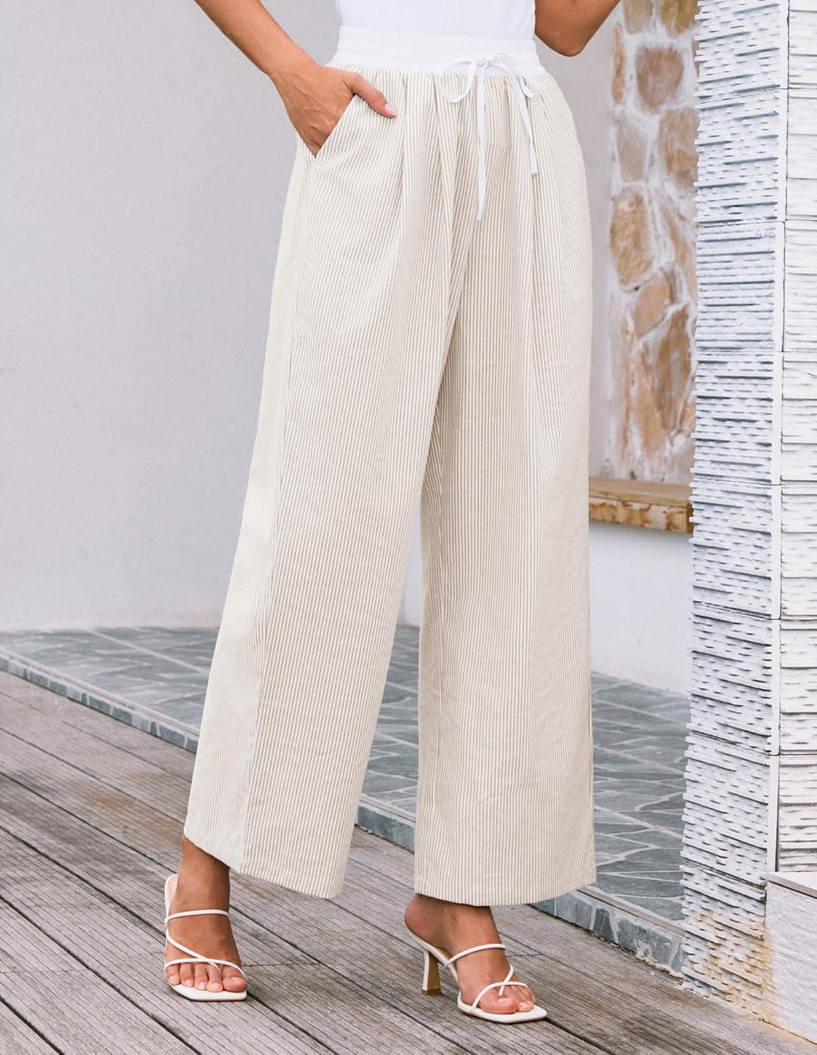 imageGRACE KARIN Women Cotton Palazzo Pants 2025 Summer Stripe Drawstring Loose Wide Leg Long Trousers with PocketsKhaki White Stripe