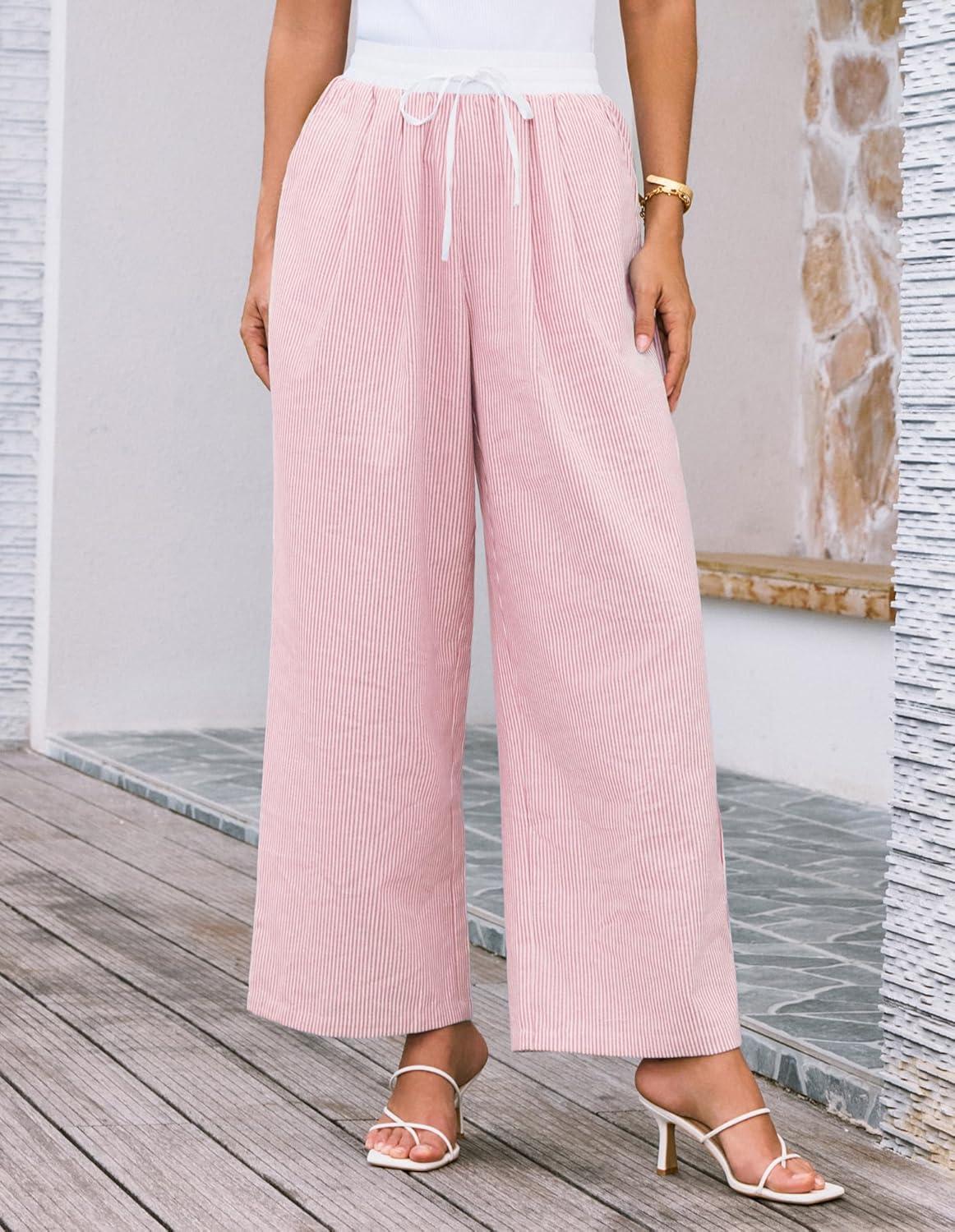 imageGRACE KARIN Women Cotton Palazzo Pants 2025 Summer Stripe Drawstring Loose Wide Leg Long Trousers with PocketsPink White Stripe
