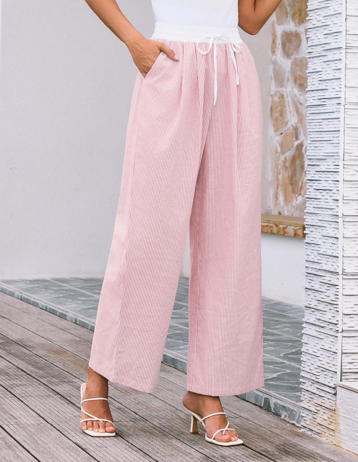 imageGRACE KARIN Women Cotton Palazzo Pants 2025 Summer Stripe Drawstring Loose Wide Leg Long Trousers with PocketsPink White Stripe