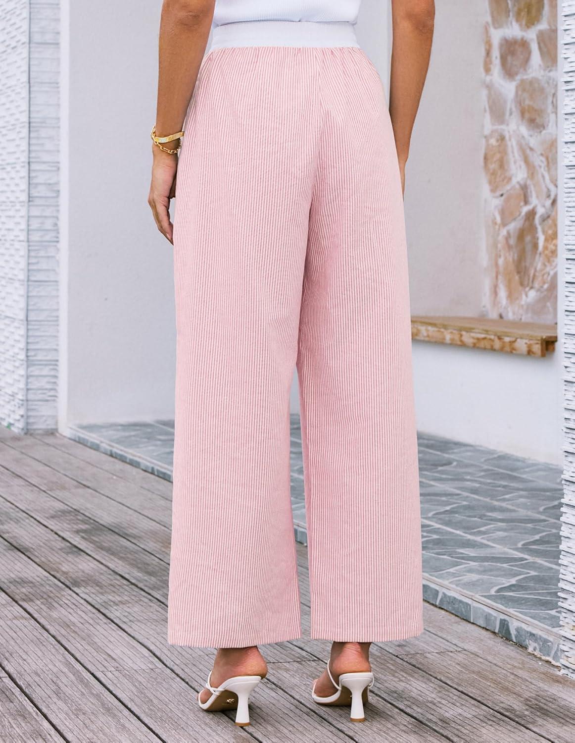 imageGRACE KARIN Women Cotton Palazzo Pants 2025 Summer Stripe Drawstring Loose Wide Leg Long Trousers with PocketsPink White Stripe