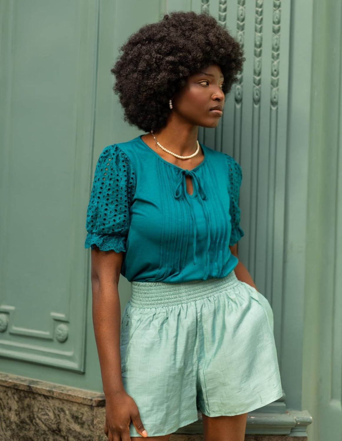 imageGRACE KARIN Women Summer Shorts Casual Boho Beach Comfy Smocked Elastic High Waist Pull On Flowy Short with PocketsBlue Green