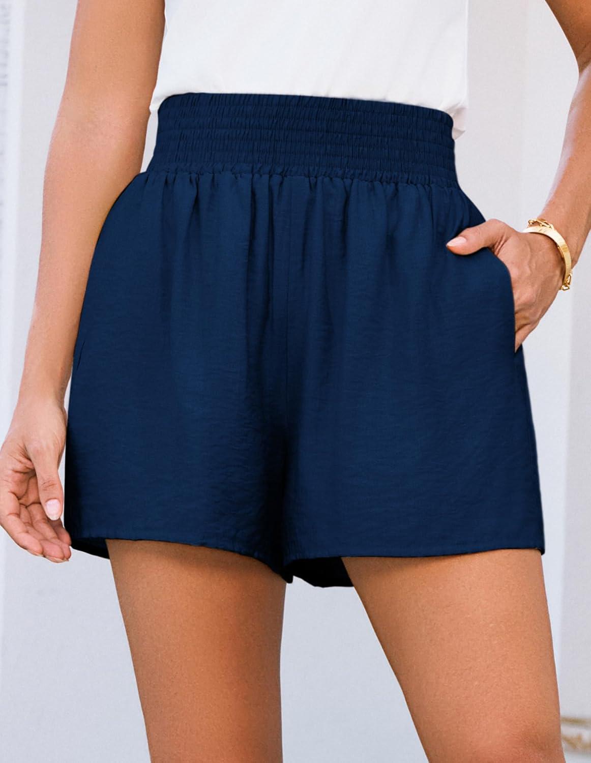 imageGRACE KARIN Women Summer Shorts Casual Boho Beach Comfy Smocked Elastic High Waist Pull On Flowy Short with PocketsNavy Blue