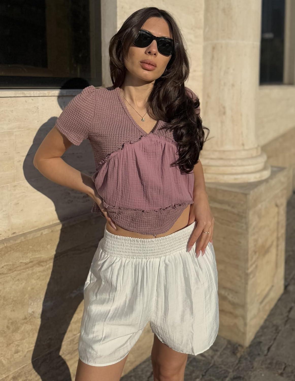 imageGRACE KARIN Women Summer Shorts Casual Boho Beach Comfy Smocked Elastic High Waist Pull On Flowy Short with PocketsWhite