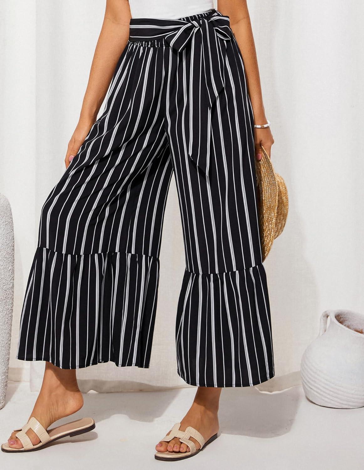 imageGRACE KARIN Womens 2025 Summer Wide Leg Palazzo Pants Elastic High Waisted Boho Casual Flowy Beach Pants with PocketsBlack Striped