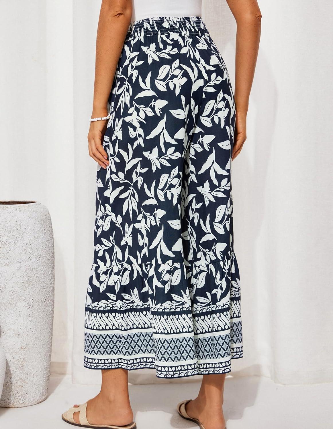 imageGRACE KARIN Womens 2025 Summer Wide Leg Palazzo Pants Elastic High Waisted Boho Casual Flowy Beach Pants with PocketsNavy Floral