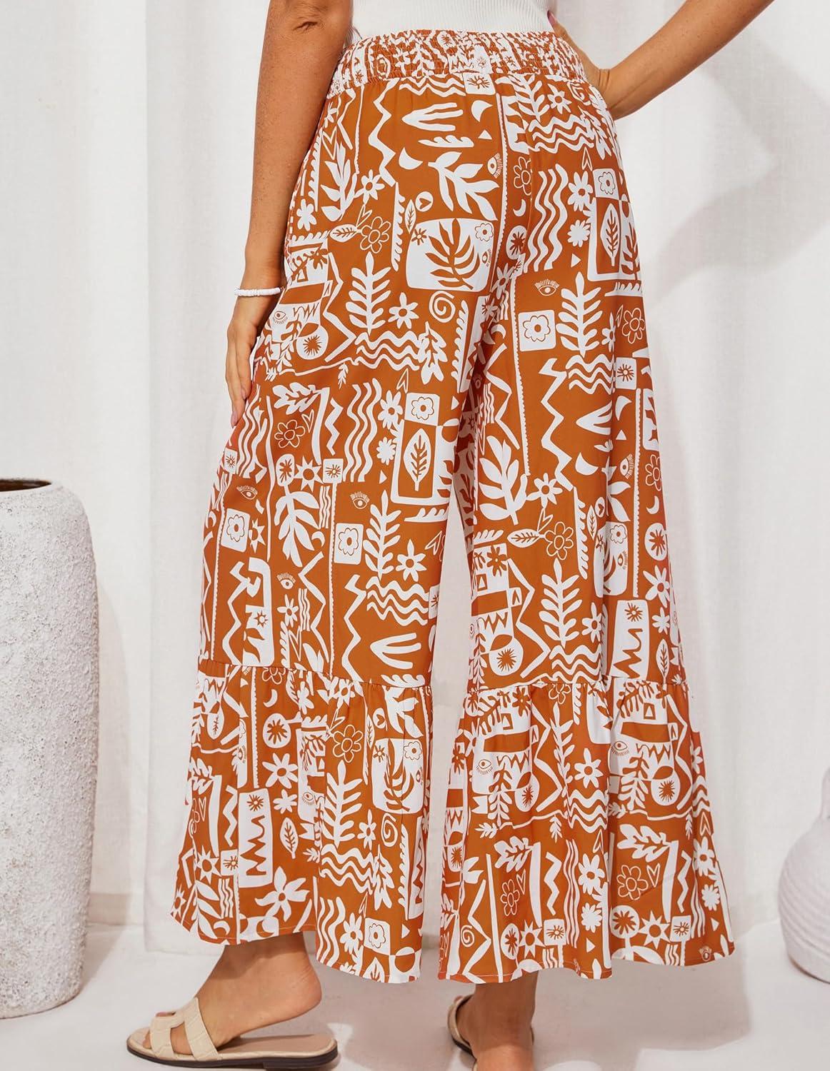 imageGRACE KARIN Womens 2025 Summer Wide Leg Palazzo Pants Elastic High Waisted Boho Casual Flowy Beach Pants with PocketsOrange Floral