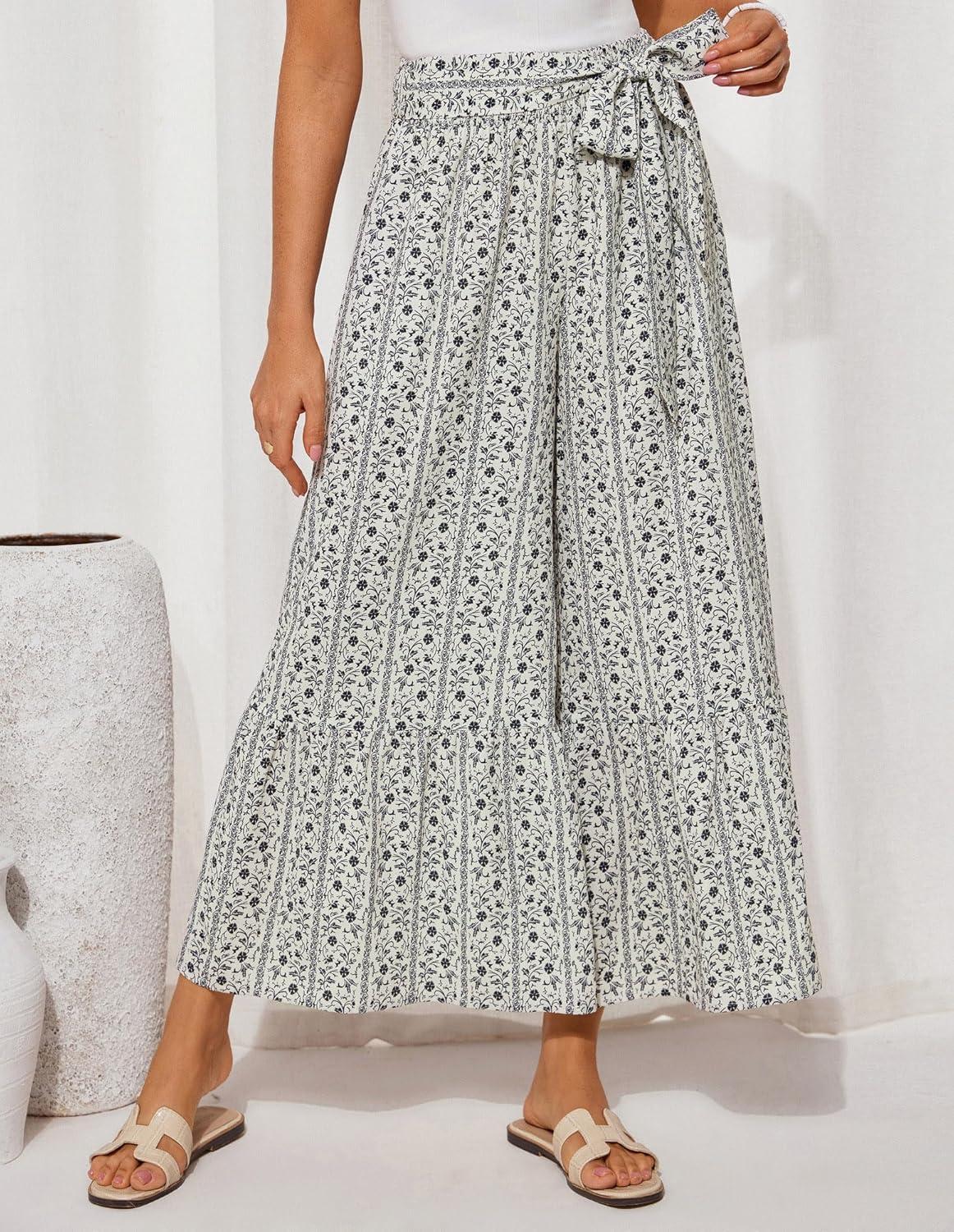 imageGRACE KARIN Womens 2025 Summer Wide Leg Palazzo Pants Elastic High Waisted Boho Casual Flowy Beach Pants with PocketsWhite Floral