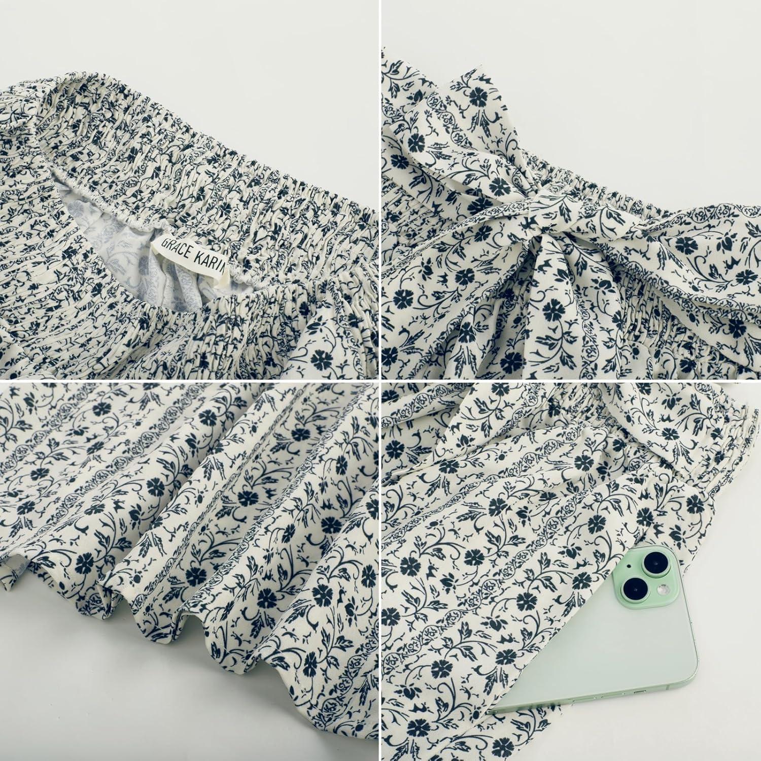 imageGRACE KARIN Womens 2025 Summer Wide Leg Palazzo Pants Elastic High Waisted Boho Casual Flowy Beach Pants with PocketsWhite Floral