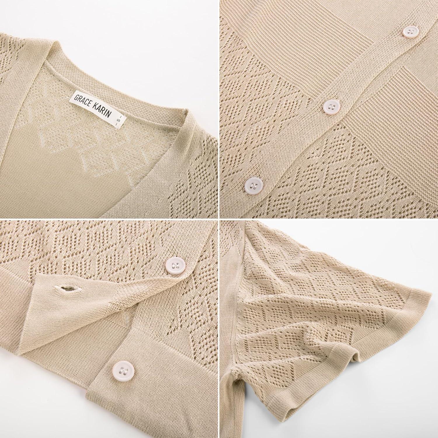 imageGRACE KARIN Womens Cardigan 2025 Lightweight Summer Short Ruffle Sleeve Button Down V Neck Casual Crochet CardiganApricot