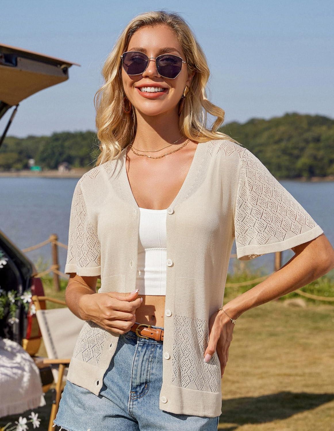 imageGRACE KARIN Womens Cardigan 2025 Lightweight Summer Short Ruffle Sleeve Button Down V Neck Casual Crochet CardiganApricot