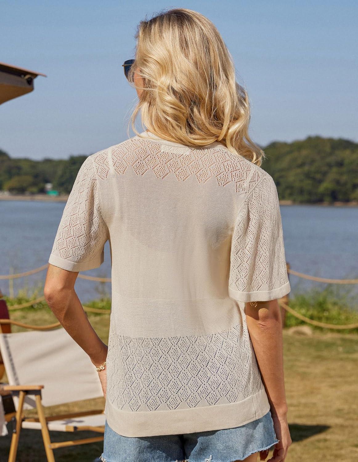 imageGRACE KARIN Womens Cardigan 2025 Lightweight Summer Short Ruffle Sleeve Button Down V Neck Casual Crochet CardiganApricot