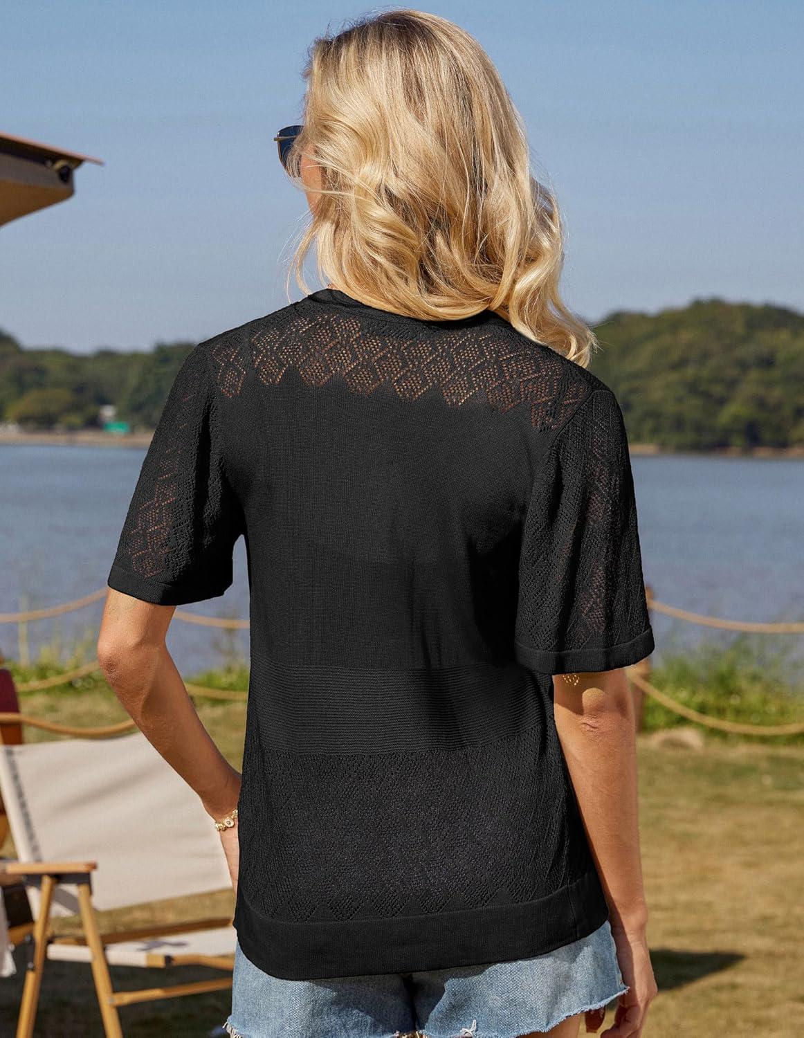 imageGRACE KARIN Womens Cardigan 2025 Lightweight Summer Short Ruffle Sleeve Button Down V Neck Casual Crochet CardiganBlack