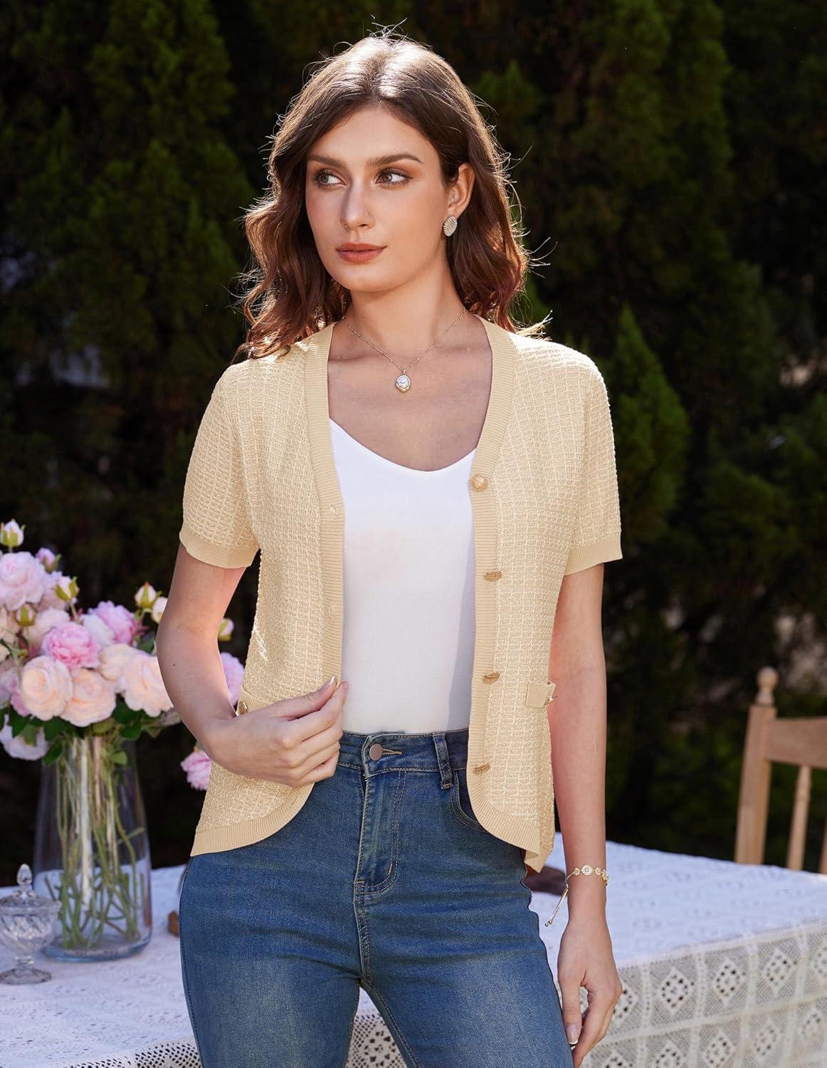 imageGRACE KARIN Womens Summer Cardigan Sweater 2025 Button Down Short Sleeve Cropped Lightweight V Neck Elegant Tweed TopsApricot
