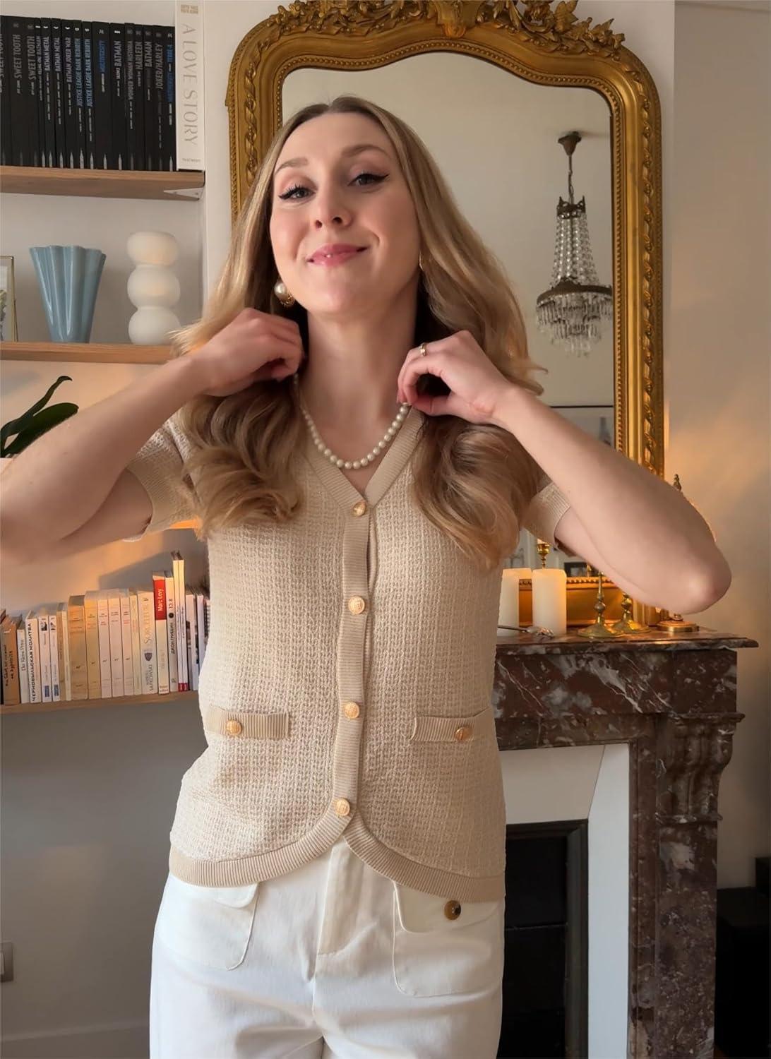 imageGRACE KARIN Womens Summer Cardigan Sweater 2025 Button Down Short Sleeve Cropped Lightweight V Neck Elegant Tweed TopsApricot