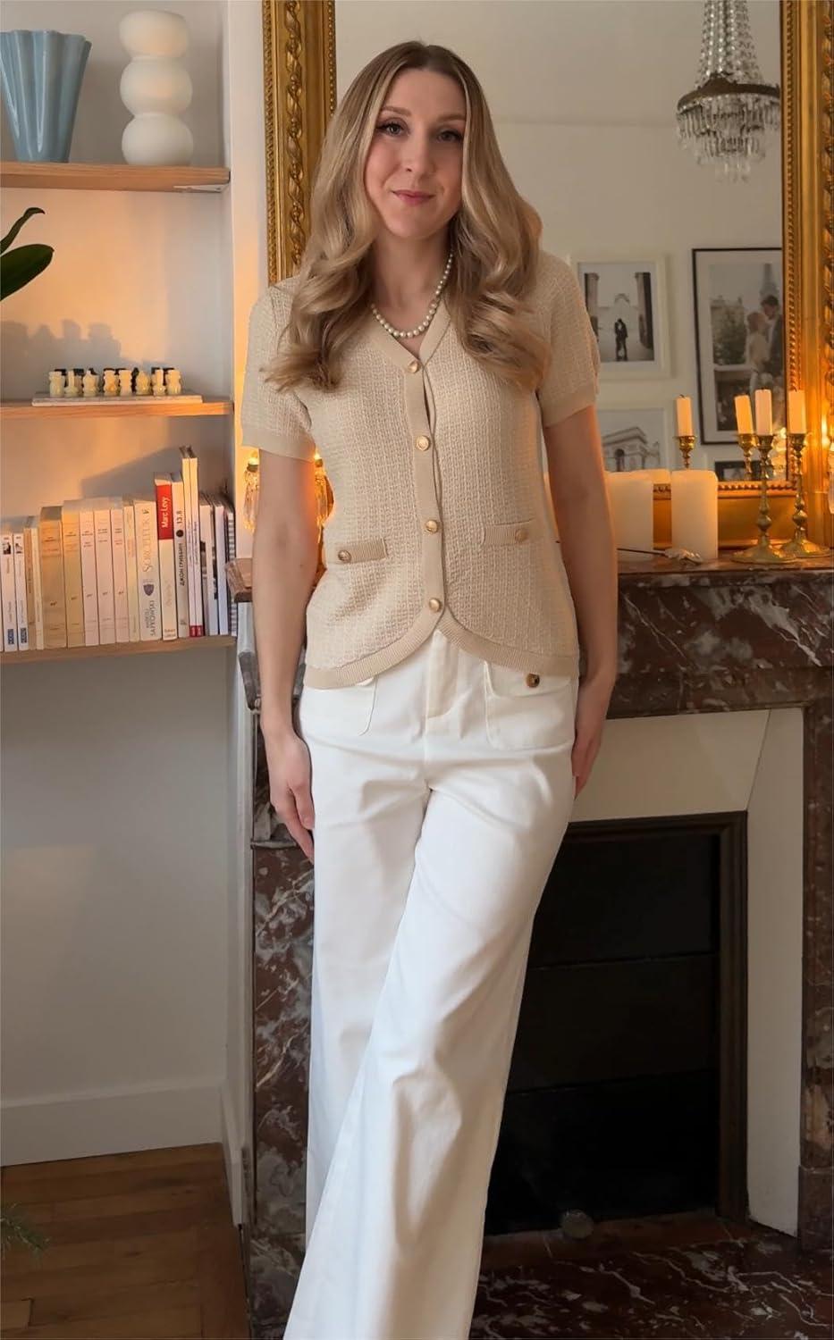 imageGRACE KARIN Womens Summer Cardigan Sweater 2025 Button Down Short Sleeve Cropped Lightweight V Neck Elegant Tweed TopsApricot