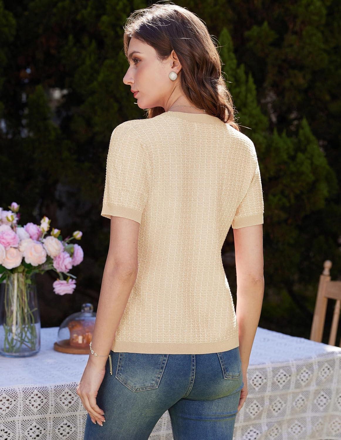 imageGRACE KARIN Womens Summer Cardigan Sweater 2025 Button Down Short Sleeve Cropped Lightweight V Neck Elegant Tweed TopsApricot