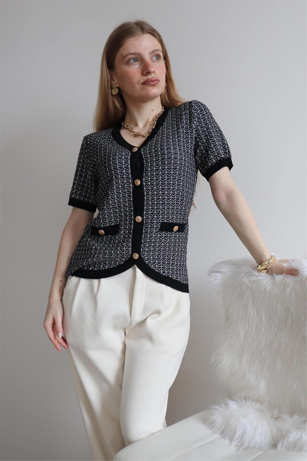 imageGRACE KARIN Womens Summer Cardigan Sweater 2025 Button Down Short Sleeve Cropped Lightweight V Neck Elegant Tweed TopsBlack