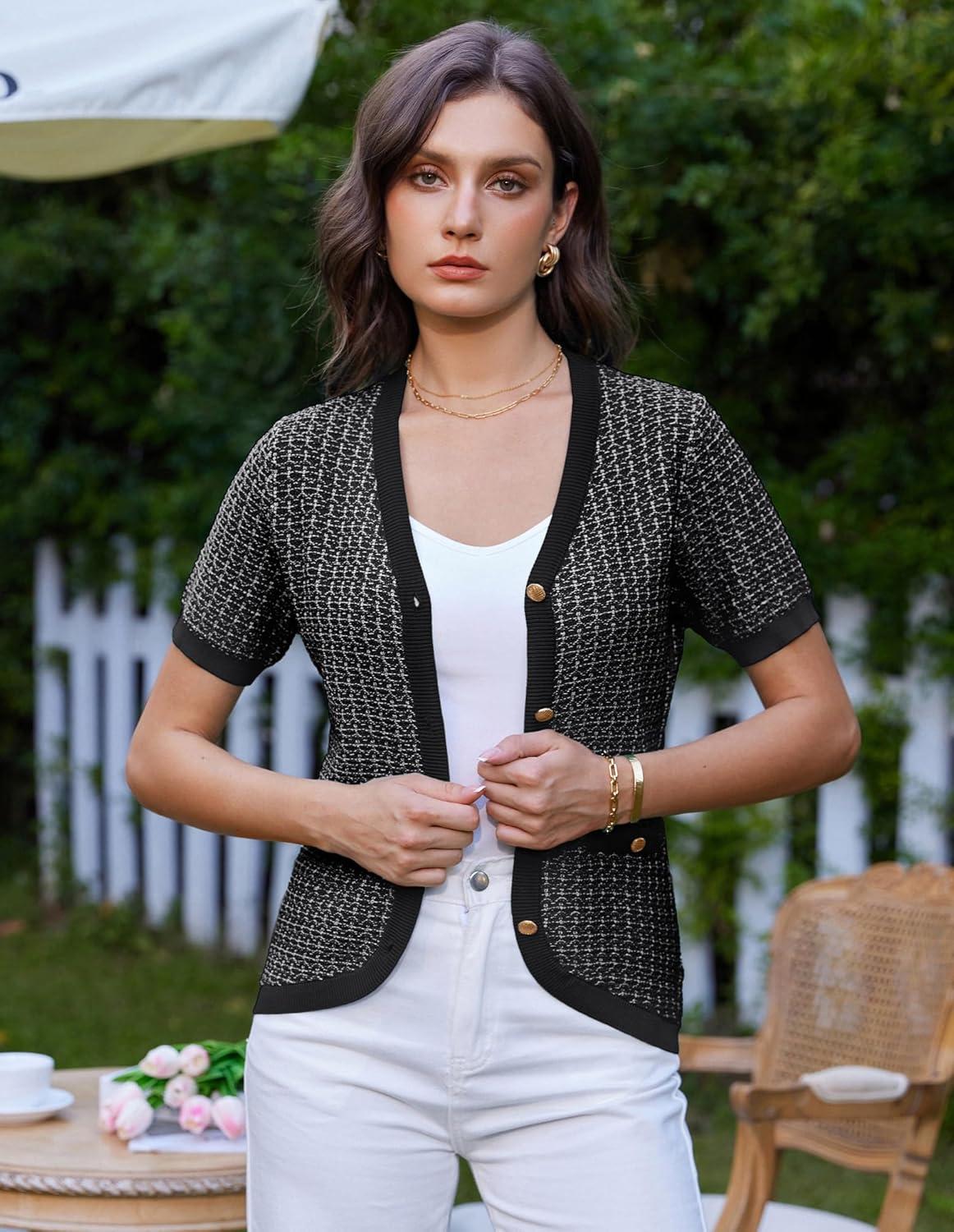 imageGRACE KARIN Womens Summer Cardigan Sweater 2025 Button Down Short Sleeve Cropped Lightweight V Neck Elegant Tweed TopsBlack