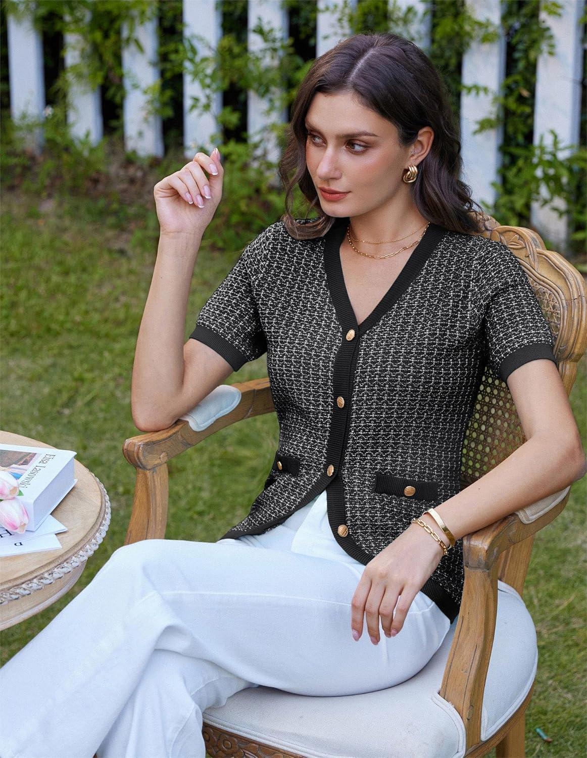 imageGRACE KARIN Womens Summer Cardigan Sweater 2025 Button Down Short Sleeve Cropped Lightweight V Neck Elegant Tweed TopsBlack