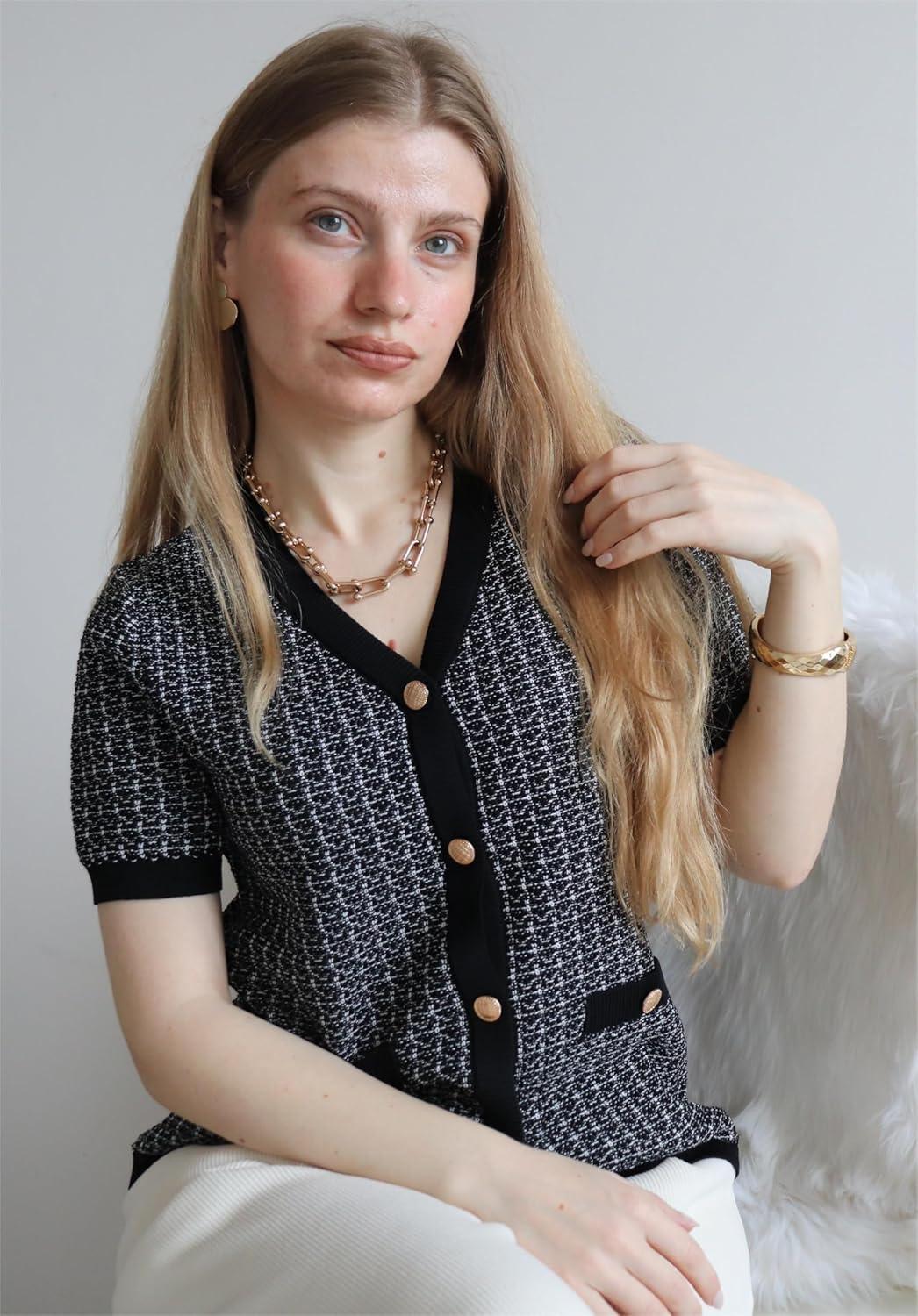 imageGRACE KARIN Womens Summer Cardigan Sweater 2025 Button Down Short Sleeve Cropped Lightweight V Neck Elegant Tweed TopsBlack