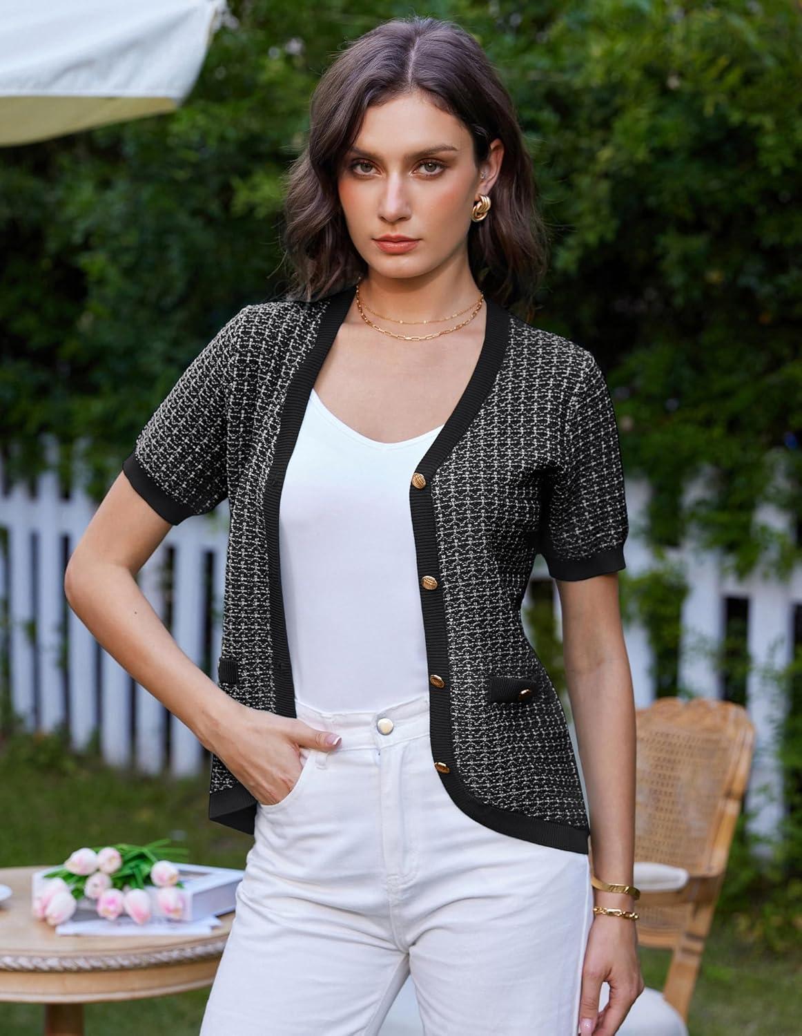 imageGRACE KARIN Womens Summer Cardigan Sweater 2025 Button Down Short Sleeve Cropped Lightweight V Neck Elegant Tweed TopsBlack