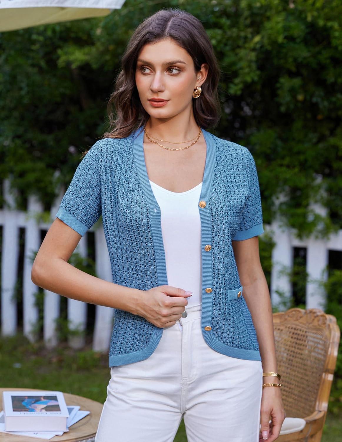 imageGRACE KARIN Womens Summer Cardigan Sweater 2025 Button Down Short Sleeve Cropped Lightweight V Neck Elegant Tweed TopsBlue