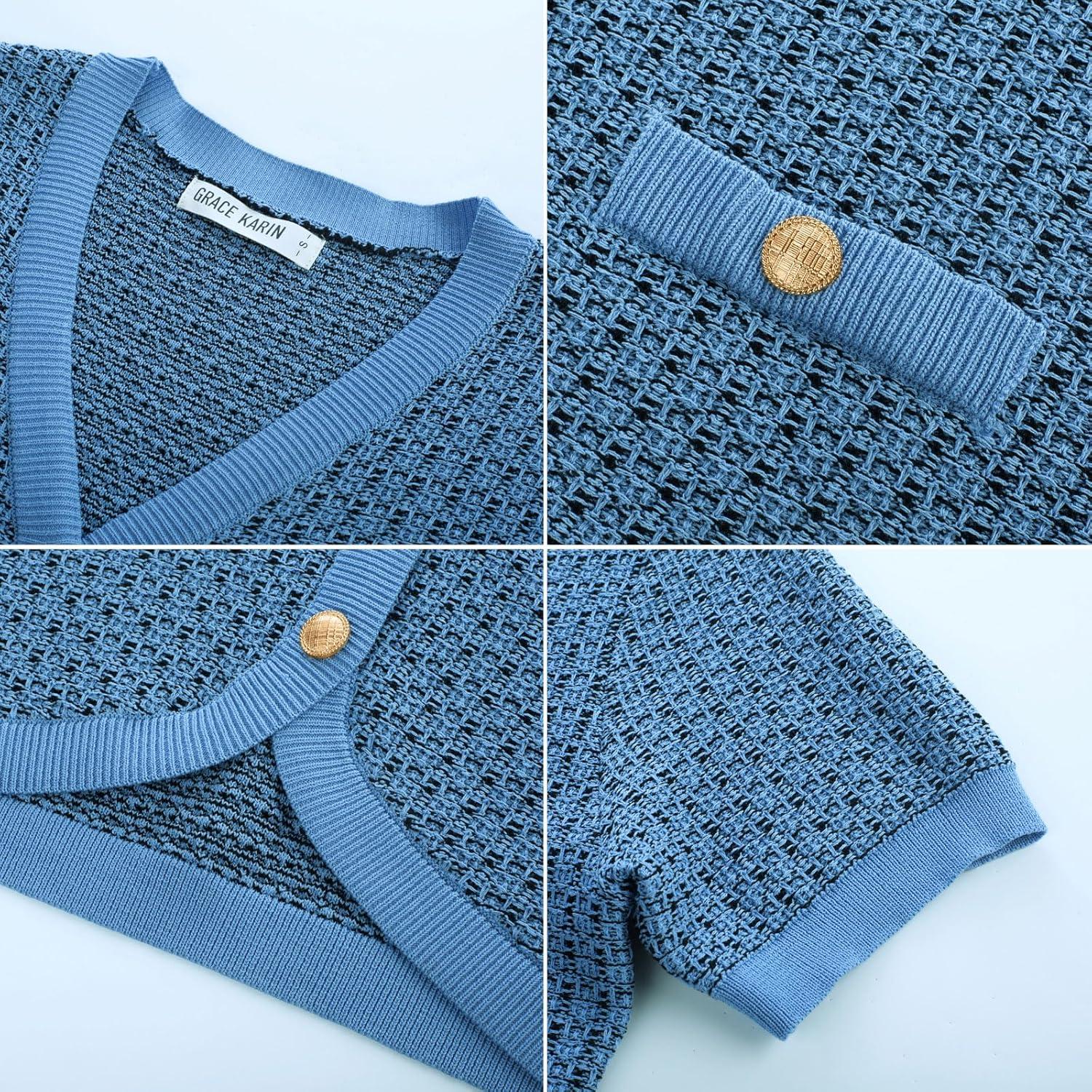 imageGRACE KARIN Womens Summer Cardigan Sweater 2025 Button Down Short Sleeve Cropped Lightweight V Neck Elegant Tweed TopsBlue