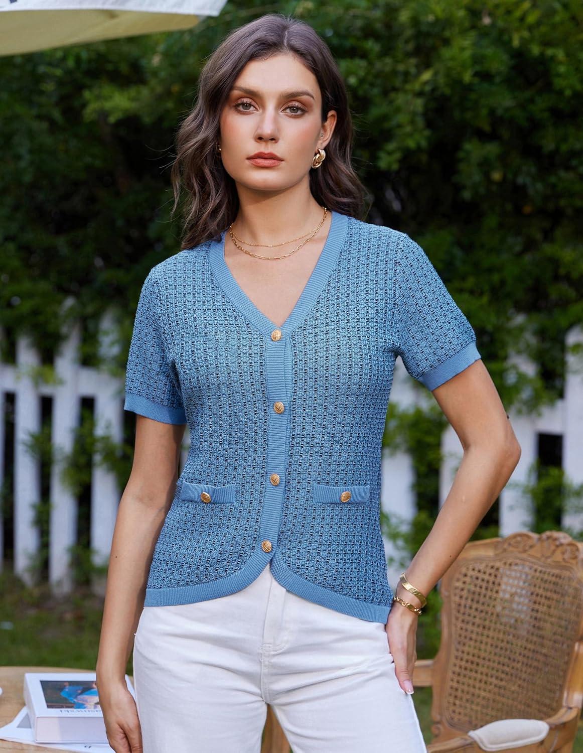 imageGRACE KARIN Womens Summer Cardigan Sweater 2025 Button Down Short Sleeve Cropped Lightweight V Neck Elegant Tweed TopsBlue