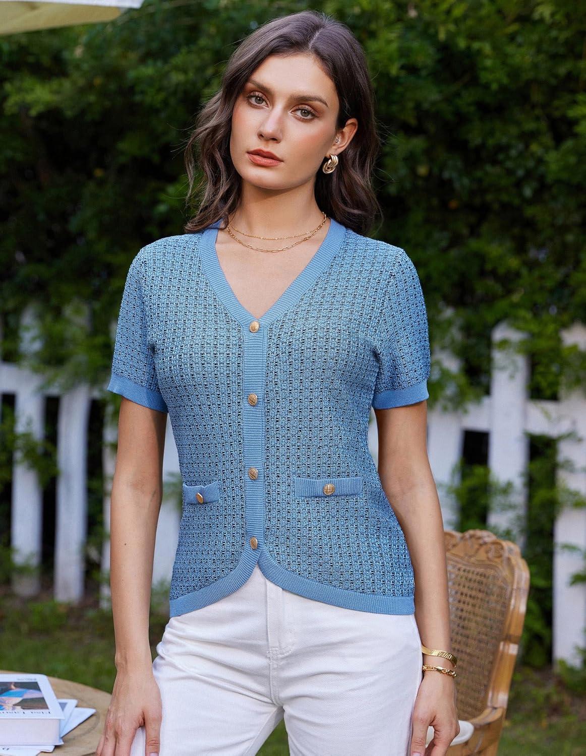 imageGRACE KARIN Womens Summer Cardigan Sweater 2025 Button Down Short Sleeve Cropped Lightweight V Neck Elegant Tweed TopsBlue