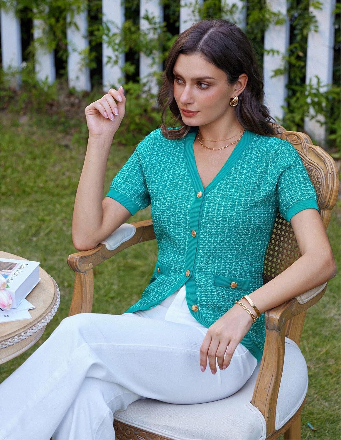 imageGRACE KARIN Womens Summer Cardigan Sweater 2025 Button Down Short Sleeve Cropped Lightweight V Neck Elegant Tweed TopsPeacock Blue