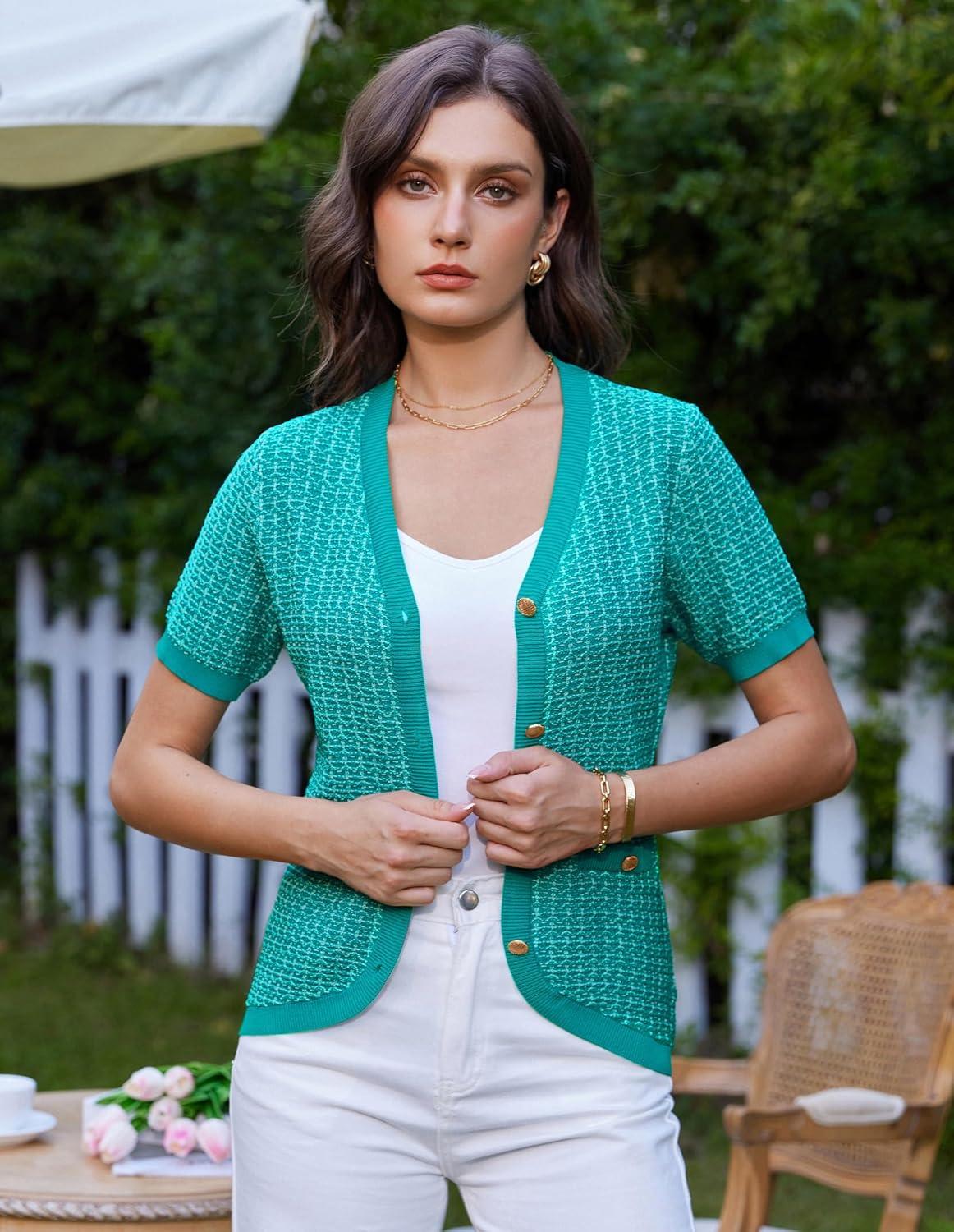 imageGRACE KARIN Womens Summer Cardigan Sweater 2025 Button Down Short Sleeve Cropped Lightweight V Neck Elegant Tweed TopsPeacock Blue