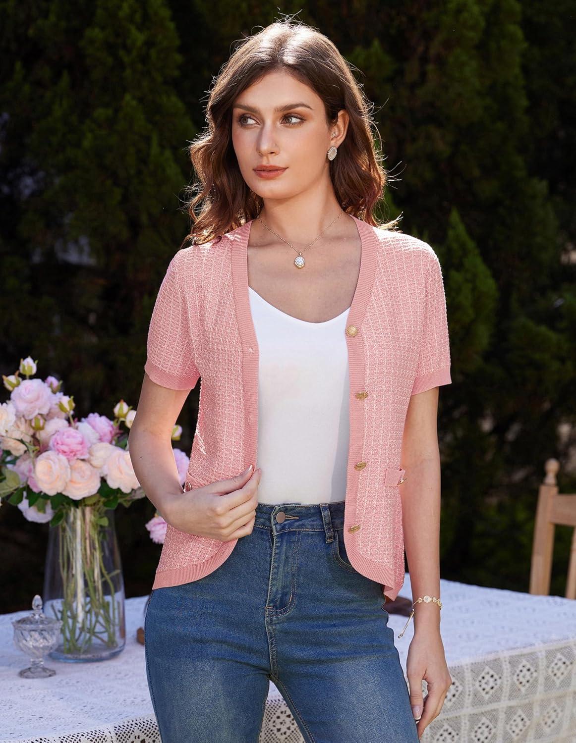 imageGRACE KARIN Womens Summer Cardigan Sweater 2025 Button Down Short Sleeve Cropped Lightweight V Neck Elegant Tweed TopsPink