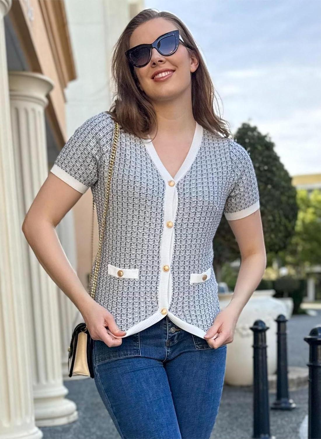 imageGRACE KARIN Womens Summer Cardigan Sweater 2025 Button Down Short Sleeve Cropped Lightweight V Neck Elegant Tweed TopsWhite