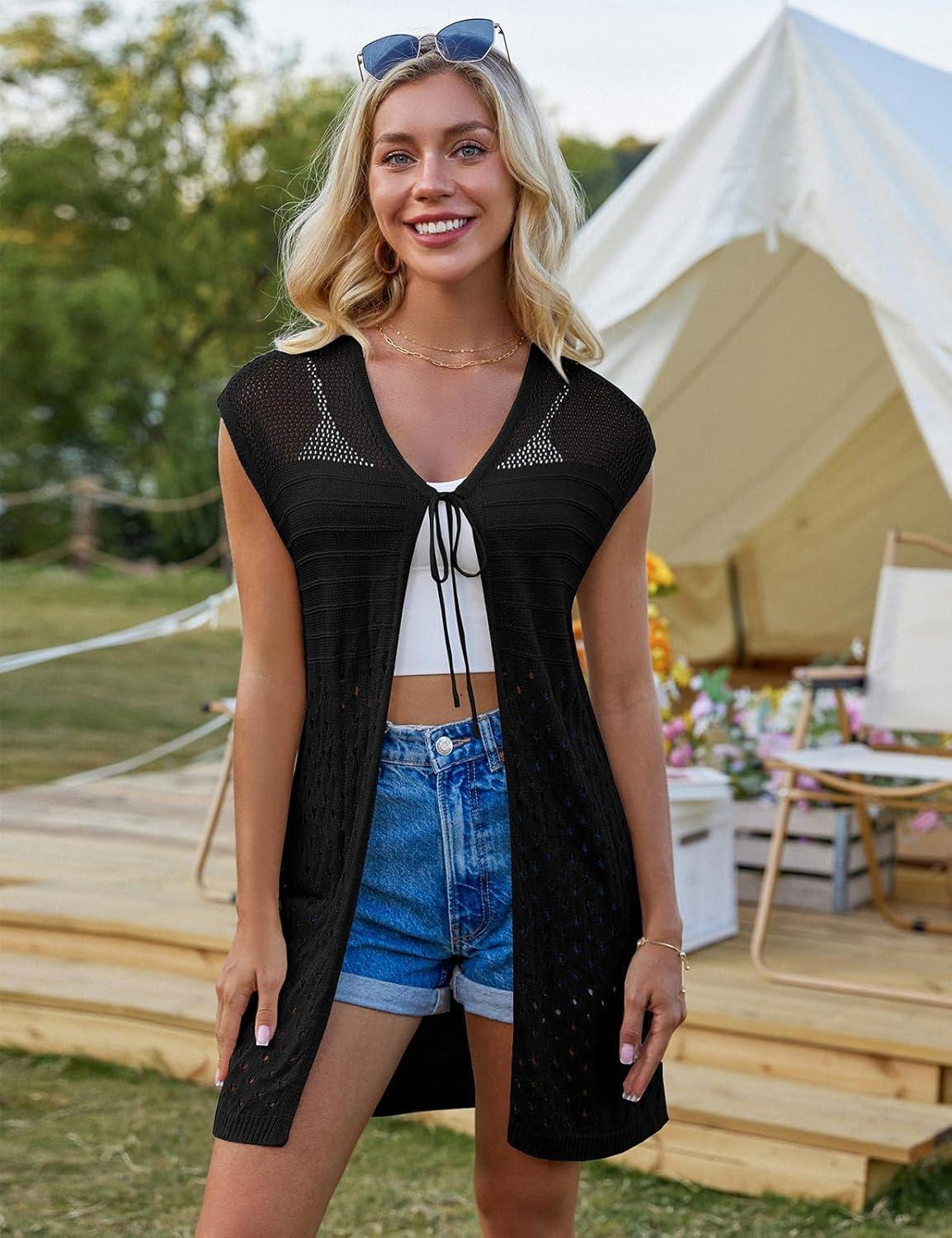 imageGRACE KARIN Womens Summer Sleeveless Cardigan Vest Lightweight Crochet Cardigan Casual Tie Front Beach Kimono CardigansBlack