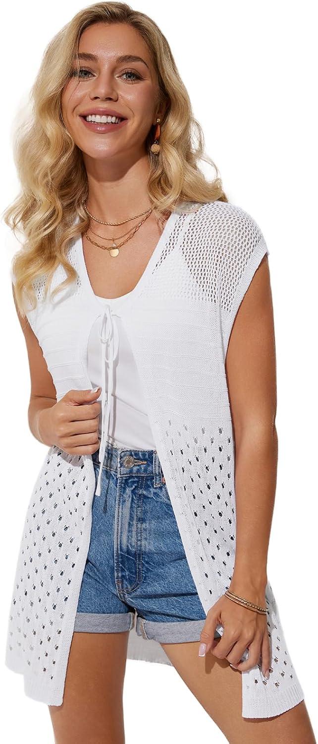 imageGRACE KARIN Womens Summer Sleeveless Cardigan Vest Lightweight Crochet Cardigan Casual Tie Front Beach Kimono CardigansWhite