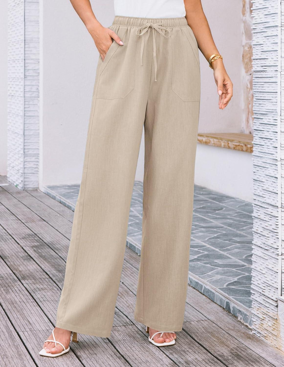 imageGRACE KARIN Womens Wide Leg Casual Pants Summer Lightweight Drawstring Elastic Waist Lounge Beach Palazzo with PocketsApricot