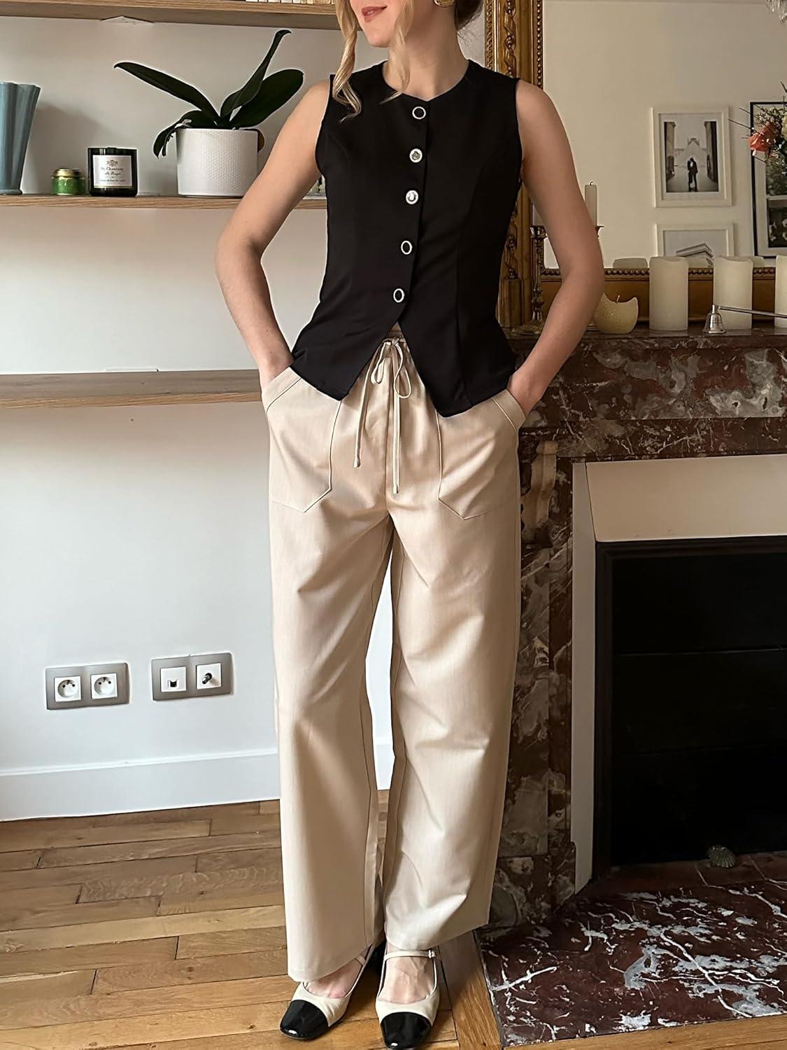 imageGRACE KARIN Womens Wide Leg Casual Pants Summer Lightweight Drawstring Elastic Waist Lounge Beach Palazzo with PocketsApricot