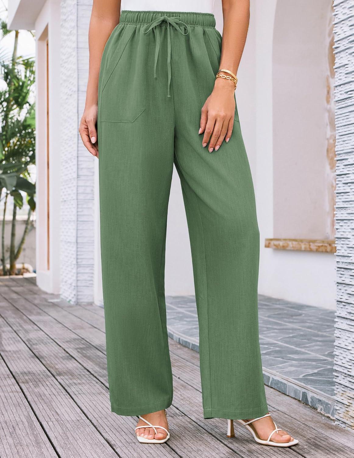 imageGRACE KARIN Womens Wide Leg Casual Pants Summer Lightweight Drawstring Elastic Waist Lounge Beach Palazzo with PocketsArmy Green