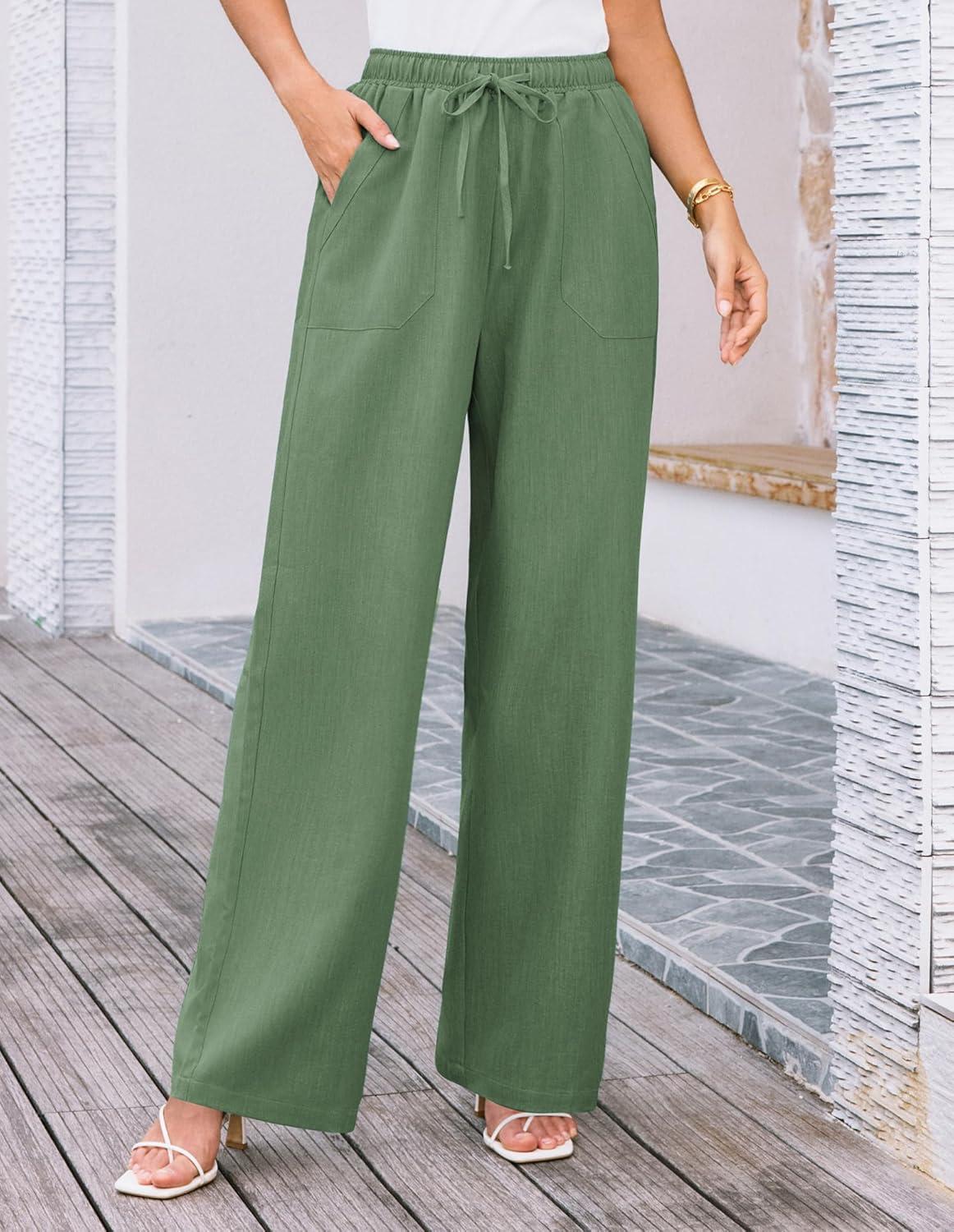 imageGRACE KARIN Womens Wide Leg Casual Pants Summer Lightweight Drawstring Elastic Waist Lounge Beach Palazzo with PocketsArmy Green