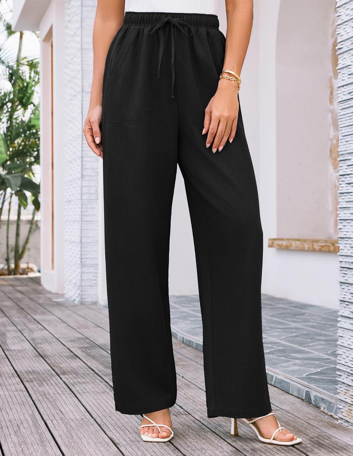 imageGRACE KARIN Womens Wide Leg Casual Pants Summer Lightweight Drawstring Elastic Waist Lounge Beach Palazzo with PocketsBlack