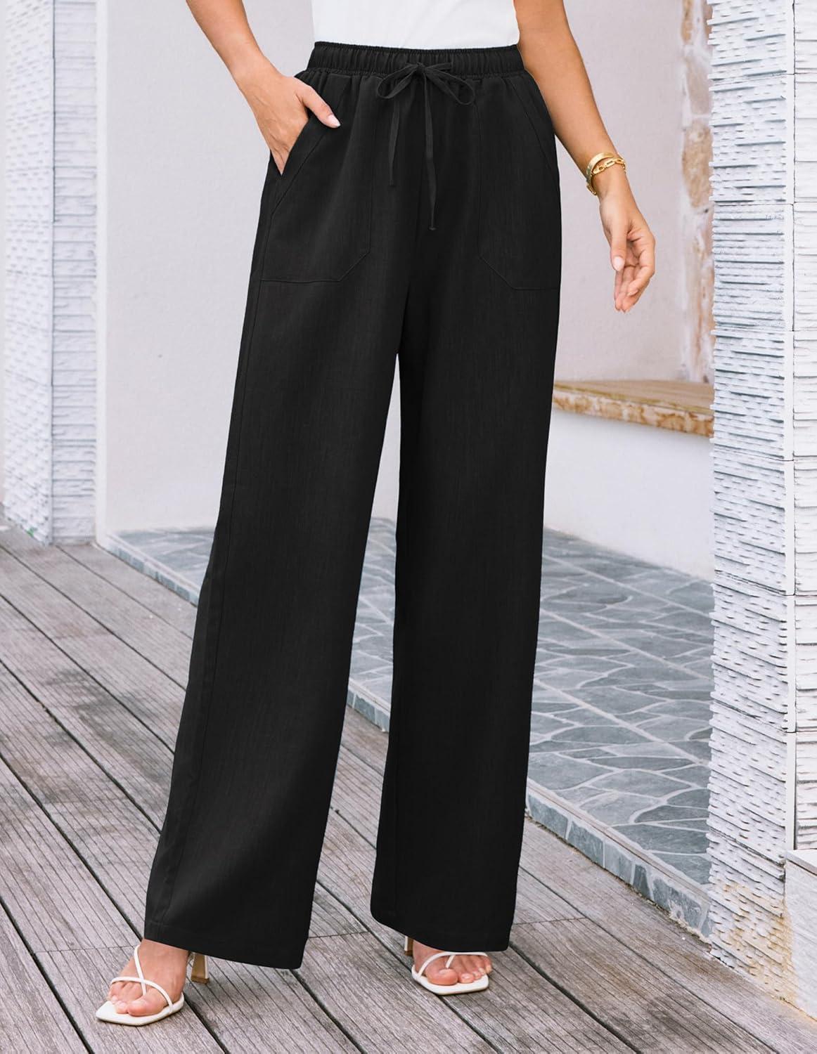 imageGRACE KARIN Womens Wide Leg Casual Pants Summer Lightweight Drawstring Elastic Waist Lounge Beach Palazzo with PocketsBlack