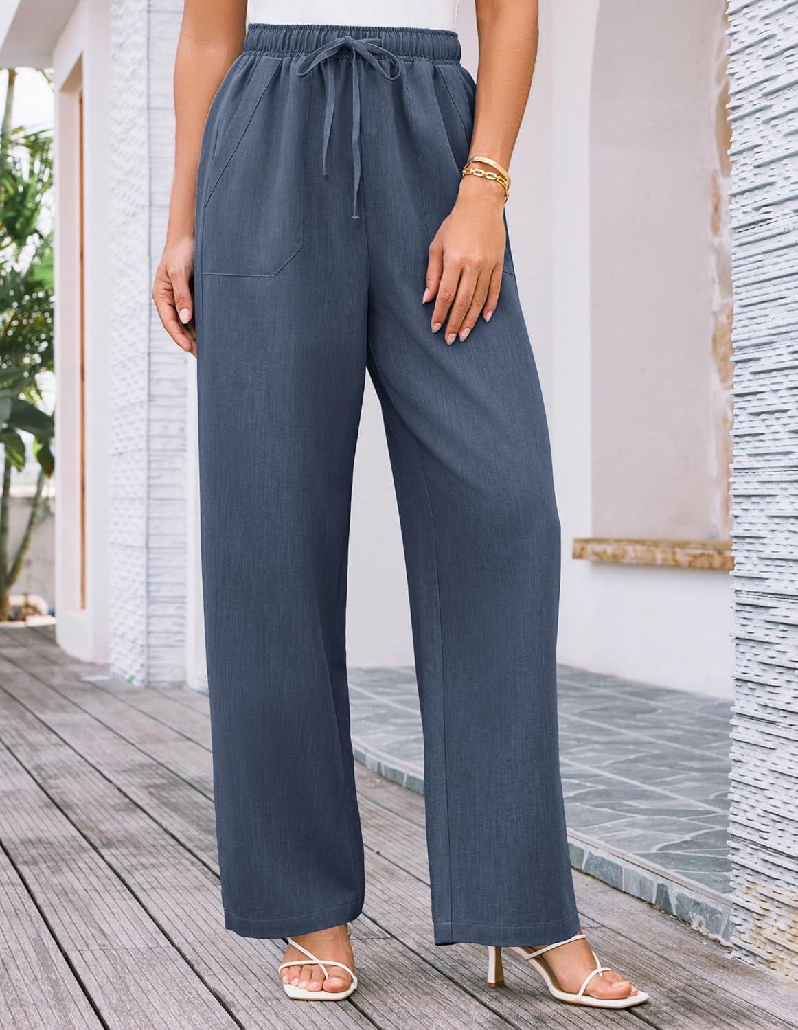 imageGRACE KARIN Womens Wide Leg Casual Pants Summer Lightweight Drawstring Elastic Waist Lounge Beach Palazzo with PocketsDrak Blue