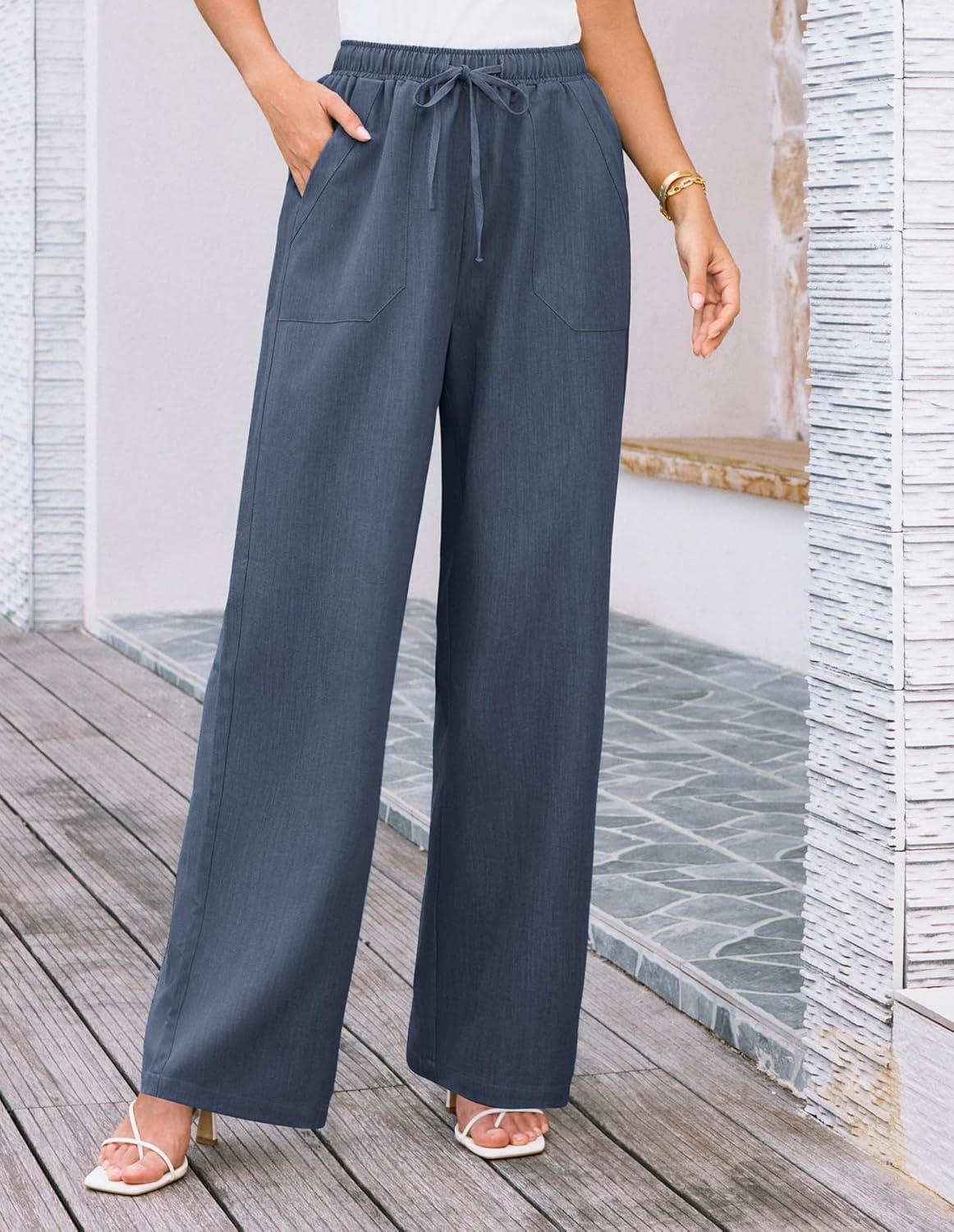 imageGRACE KARIN Womens Wide Leg Casual Pants Summer Lightweight Drawstring Elastic Waist Lounge Beach Palazzo with PocketsDrak Blue