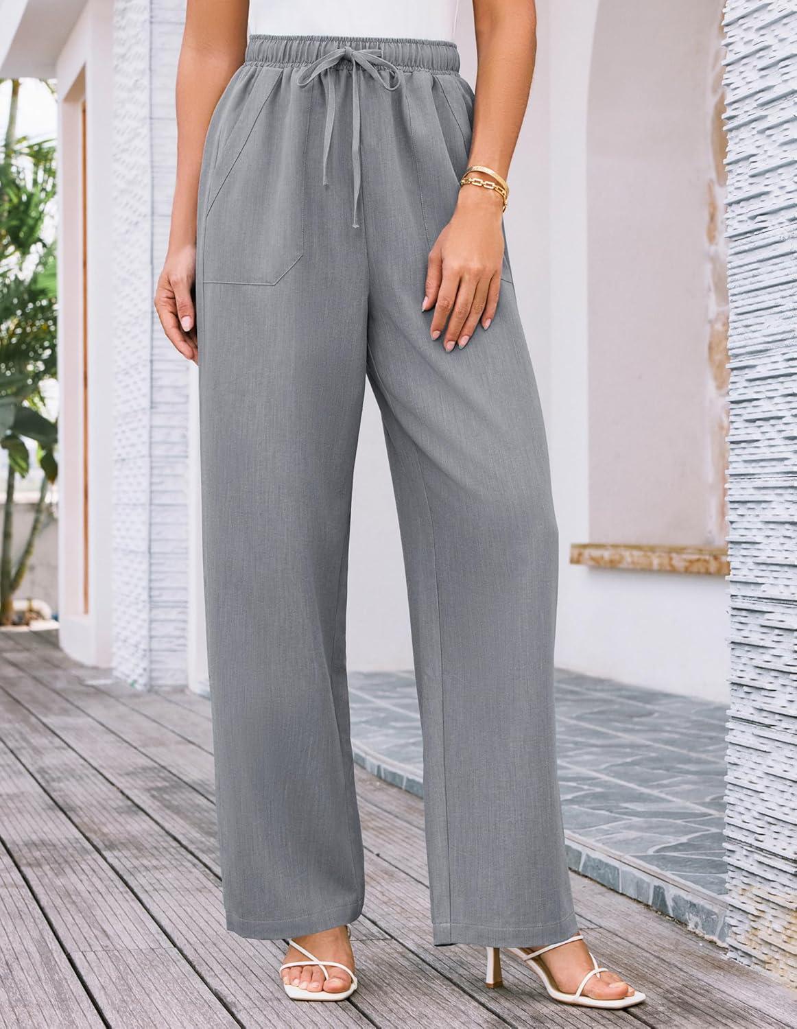 imageGRACE KARIN Womens Wide Leg Casual Pants Summer Lightweight Drawstring Elastic Waist Lounge Beach Palazzo with PocketsGrey
