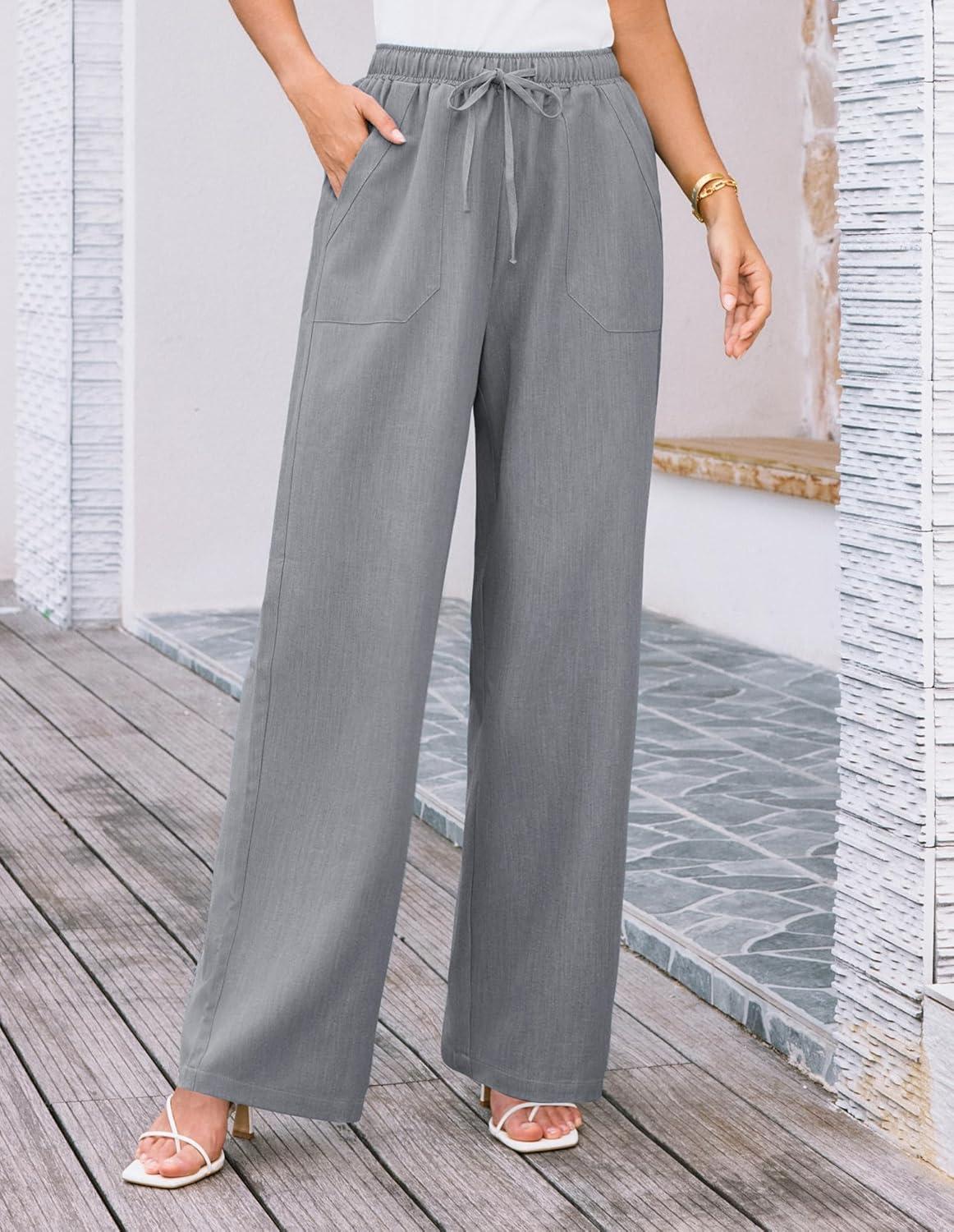 imageGRACE KARIN Womens Wide Leg Casual Pants Summer Lightweight Drawstring Elastic Waist Lounge Beach Palazzo with PocketsGrey