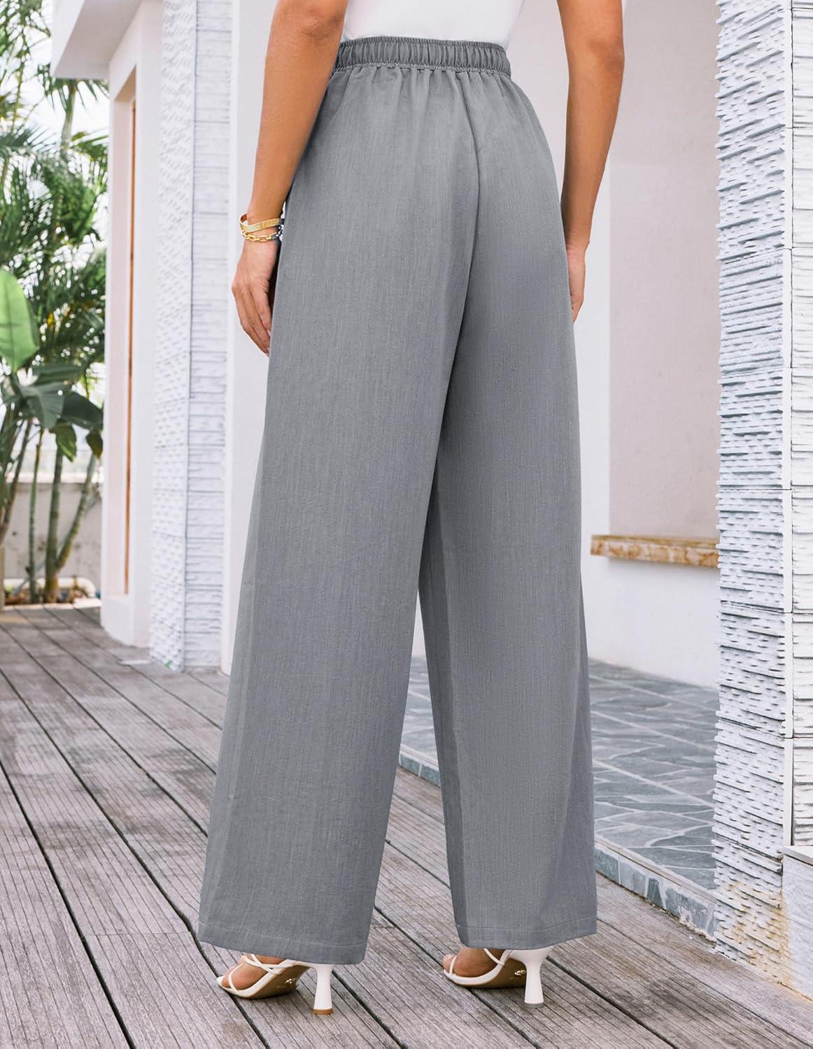 imageGRACE KARIN Womens Wide Leg Casual Pants Summer Lightweight Drawstring Elastic Waist Lounge Beach Palazzo with PocketsGrey