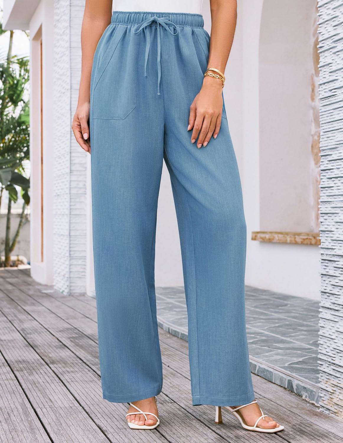 imageGRACE KARIN Womens Wide Leg Casual Pants Summer Lightweight Drawstring Elastic Waist Lounge Beach Palazzo with PocketsLight Blue
