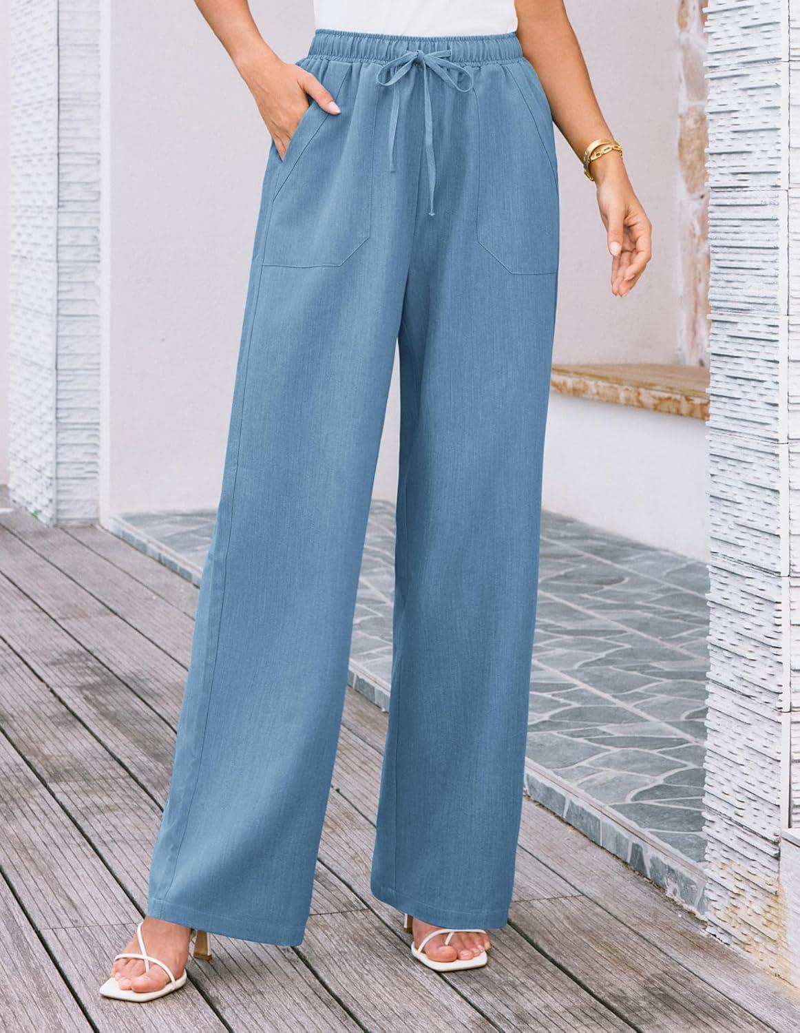 imageGRACE KARIN Womens Wide Leg Casual Pants Summer Lightweight Drawstring Elastic Waist Lounge Beach Palazzo with PocketsLight Blue