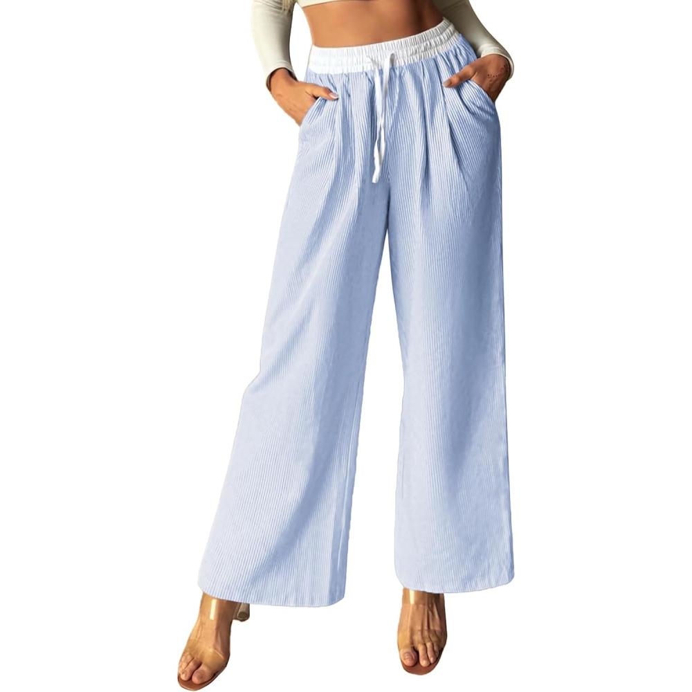 imageGRACE KARIN Women Cotton Palazzo Pants 2025 Summer Stripe Drawstring Loose Wide Leg Long Trousers with PocketsBlue White Stripe