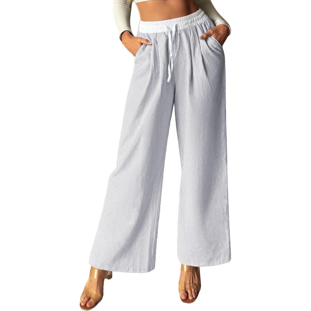 imageGRACE KARIN Women Cotton Palazzo Pants 2025 Summer Stripe Drawstring Loose Wide Leg Long Trousers with PocketsGrey White Stripe